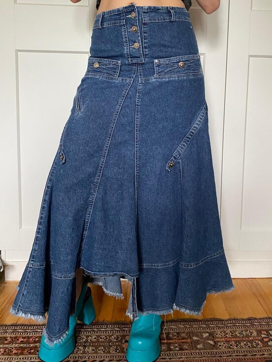 Vintage Dresses & Skirts - Vintage Denim A-Line Maxi Skirt in Dark Blue